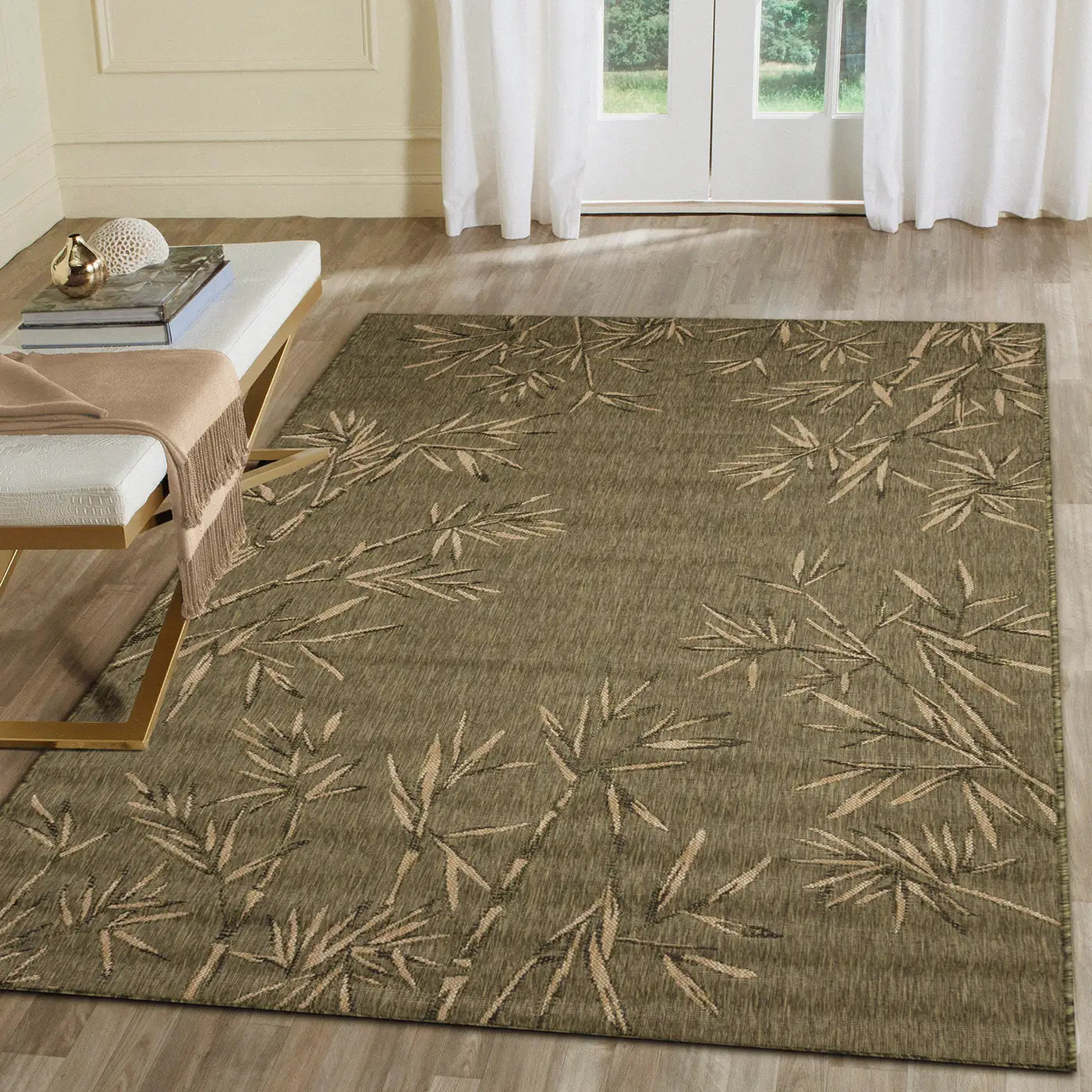 Trans Ocean Bamboo Border Rug in Floral & Farmhouse/Rustic style.